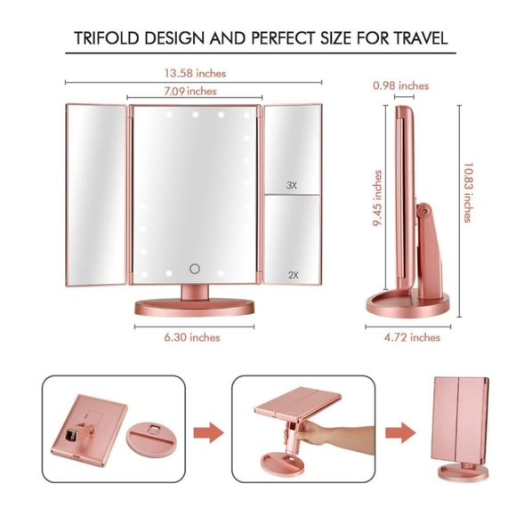 Rose Gold Tri-Fold LED Touch Screen Rotating Magnifying 3x/2x Vanity Mirror - Picture 3 of 7
